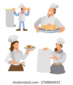 Chef expression cooking and blank paper flat design illustration