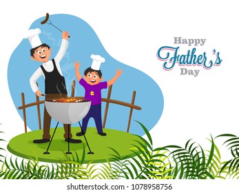 Chef, and father teaching his son on barbeque, Happy father and son duo on Father's Day concept.