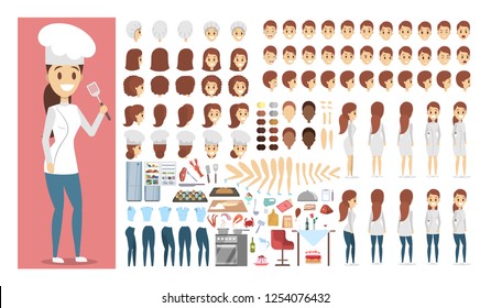 Chef female character in uniform set or kit for animation with various views, hairstyle, emotion, pose and gesture. Different equipment for cook and food. Isolated flat vector illustration