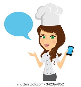 Chef Female customer support operator with smart phone and smiling, Character design cartoon version.