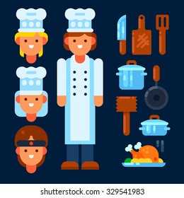 Chef female and items for cooking. Vector flat illustration.