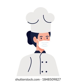 hembra chef que usa máscara facial durante el covid 19 en el diseño de ilustración vectorial de fondo blanco