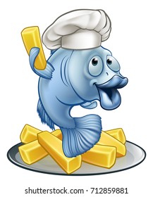 A chef fish and chips cartoon character mascot