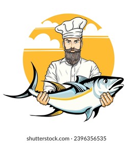 Ilustración vectorial con el logotipo del chef y el pescado