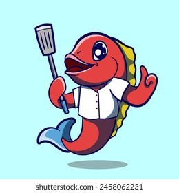 Chef fish mascot cartoon holding a soup ladle Can be used as mascot or part of a logo. Sea food logo design.