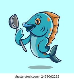 Chef fish mascot cartoon holding a soup ladle Can be used as mascot or part of a logo. Sea food logo design.
