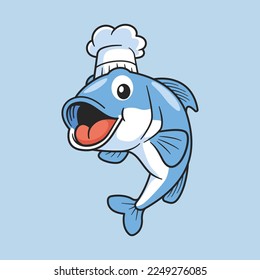 Ilustración del icono de la caricatura de mascota de pescado del chef