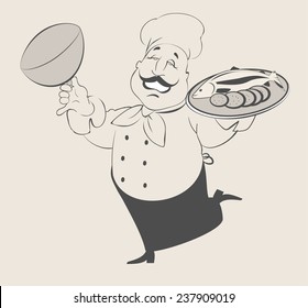 Chef with fish on the plate isolated on grey.