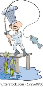 Chef is fishing on the wooden pier