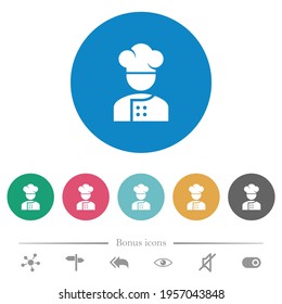 Chef flat white icons on round color backgrounds. 6 bonus icons included.