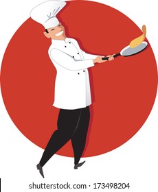 Chef Flipping An Omelette Or A Crepe On A Fry-pan, Vector Illustration