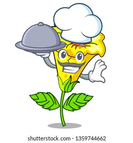 Chef with food allamanda flowers in a cartoon pots