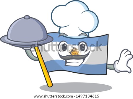 Chef with food argentina character flag folded above table