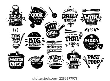 Chef food bakery, utensil black hand drawn elements. Cafe logo, cooking studio silhouette stickers, dinner on kitchen. Noodle and ramen, wok and pizza logotype. Vector exact illustration