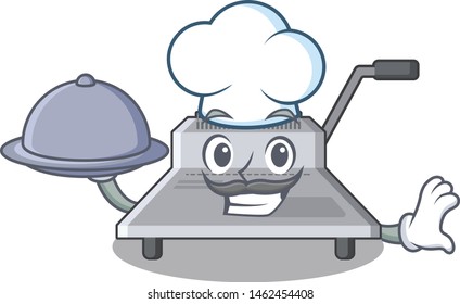 Chef with food binding machine above wood table cartoon