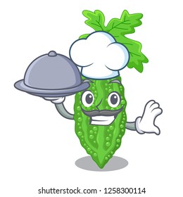 Chef with food bitter melon character on vegetables fresh