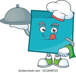 Chef with food blue rectangle sticker paper on white background.