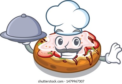 Chef with food bread bruschetta above cartoon wooden table