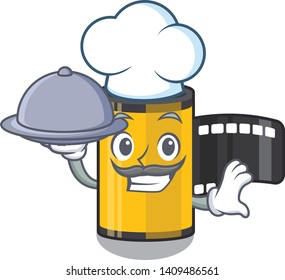 Chef with food camera roll cartoon.