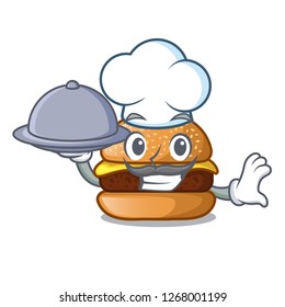 Chef with food cheese burger located on plate cartoon