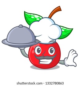 Chef with food cherry fruit in a cartoon bowl