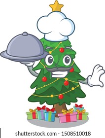 Chef with food christmas tree next to cartoon table