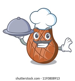 Chef with food cooked grilled beef steaks in cartoon kitchen