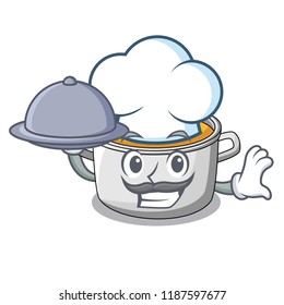 Chef with food cooking pot of soup isolated on mascot