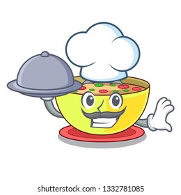 Chef with food corn chowder in the mascot shape