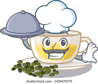 Chef with food cup oolong tea in cartoon shape
