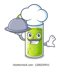 Chef with food delicious cucumber juice on table cartoon