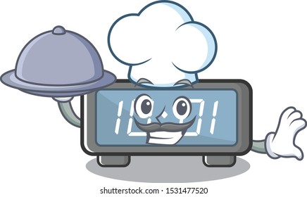 Chef with food digital clock cartoon in character shape