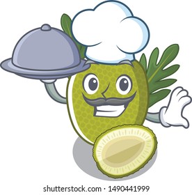 Chef with food fresh breadfruit in a cartoon basket
