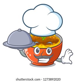 Chef with food hot katsudon on the cartoon table