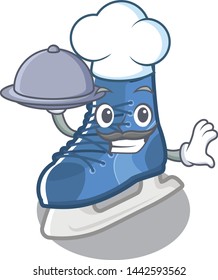 Chef with food ice skates in character wooden cabinets
