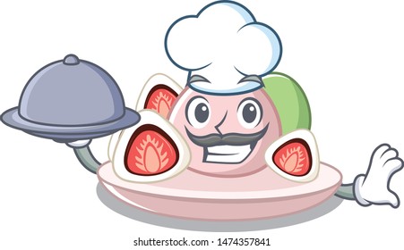 Chef with food ichigo daifuku isolated in the cartoon