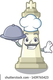 Chef with food king chess above wooden cartoon table