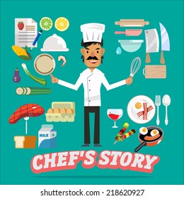 chef with food and kitchen element - vector illustration