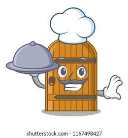 Chef with food large wooden door with cartoon handle