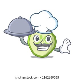Chef with food mascot slice cucumber to cook vegetable