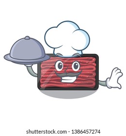 Chef with food minced meat in the cartoon fridge