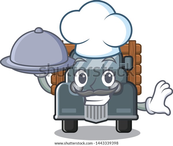 Chef with food\
old truck in the mascot\
shape
