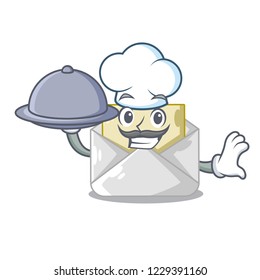 Chef with food open envelope on cartoon shape blank