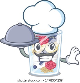 Chef with food parfait above the wooden table mascot