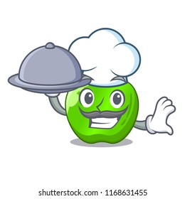 Chef with food perfect fresh green apple on cartoon