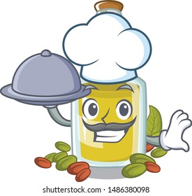 Chef with food Pistachio oil in a character bottle