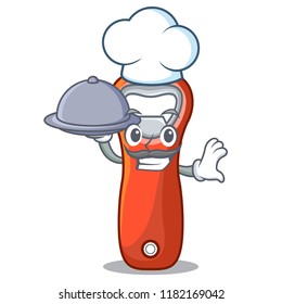 Chef with food plastic bottle opener isolated on cartoon