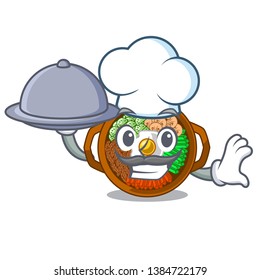 Chef with food plate containing bibimbap cartoon on table