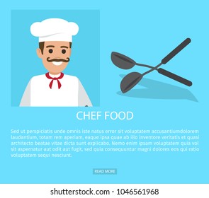 Chef food profession web banner. Smiling man in cook cap cartoon character with crossed ladles flat vector. People occupation illustration for job vacancy, construction company web page