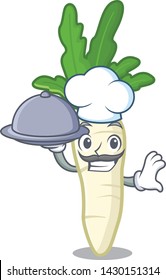 Chef with food radish white in a cartoon basket